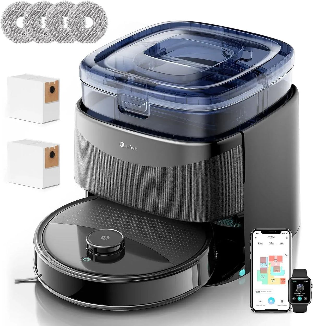 Lefant 2.4G/5G Robot aspirapolvere, 3.2 L, Wi-Fi, Lavaggio Mop 45°C e Asciugatura, Laser dToF 360°, Alexa/APP, 12000Pa, Autosvuotamento 3, 2.4 G
