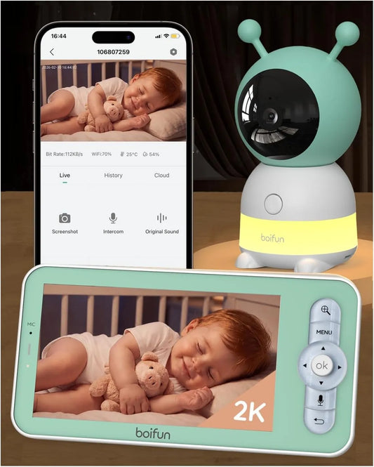 Monitor, BOIFUN 3MP, Wi-Fi, display LCD, Telecamera 360° con Luci Notturne e Display LCD 5', Rilevamento Movimento e Suono IA