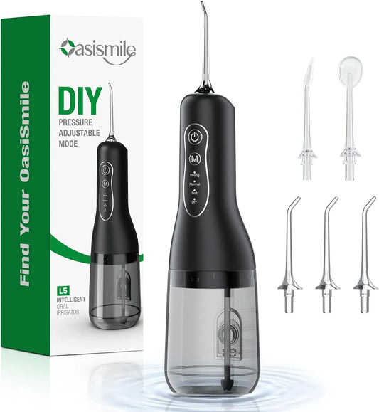 IPX7 OasiSmile Idropulsore orale elettrico senza fili, impermeabile, vincitore del test 2026: serbatoio dell'acqua da 300 ml, 4 modalità e 5 ugelli