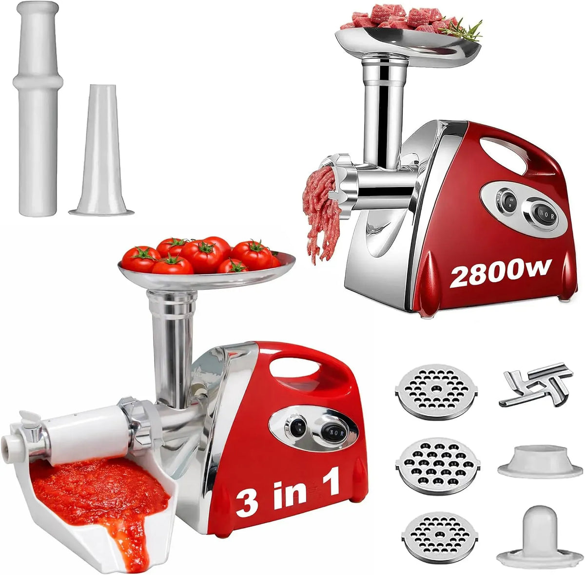 Passapomodoro elettrico, 2800 W, pressa per pomodori, Tritacarne, acciaio inox, 3 Dischi in Acciaio Inox + Accessorio Kubbe