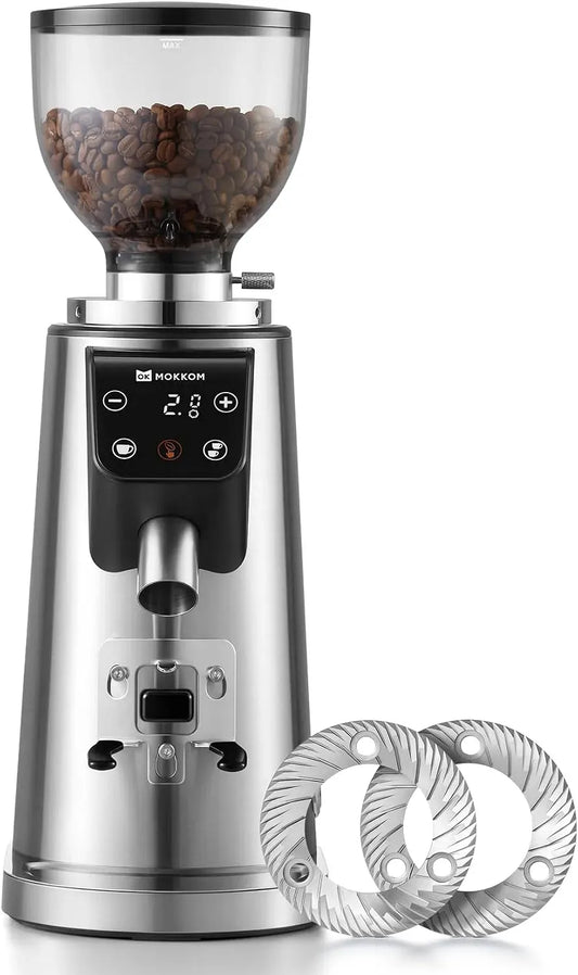 corpo in acciaio inox completamente metallico, MOKKOM, Macinacaffè professionale a bave piatte da 64 mm con 100 impostazioni di macinazione, macinino