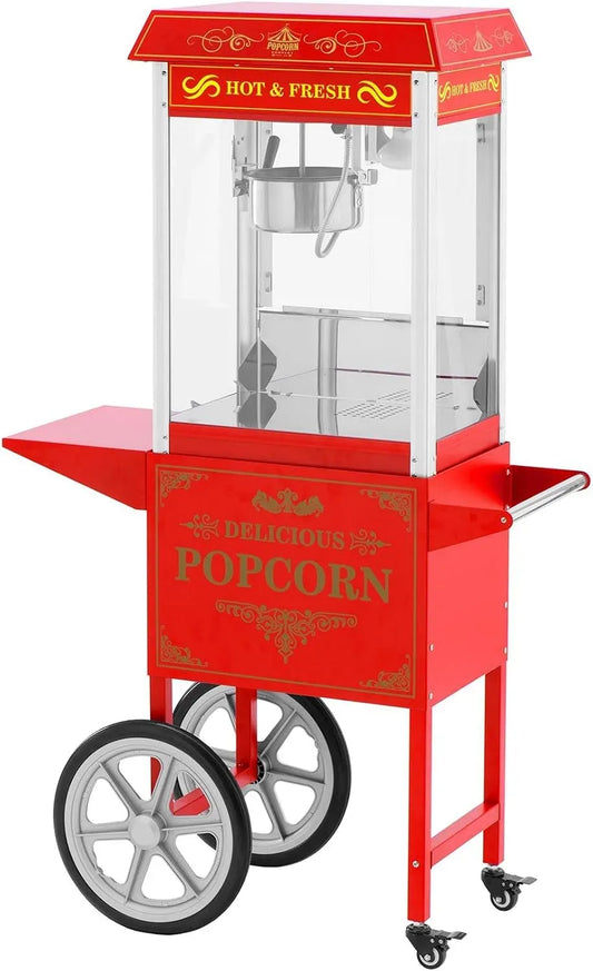Macchina per popcorn, carrello, 1500 W, ristorazione, 2 zone di temperatura, rosso, per popcorn con carrello