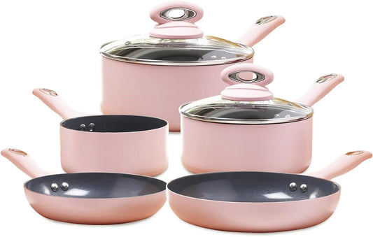 Set di 5 pentole e padelle ceramica rosa cipria, compatibile dotato di tutti i tipi di piani cottura, antiaderente grigia scintillante
