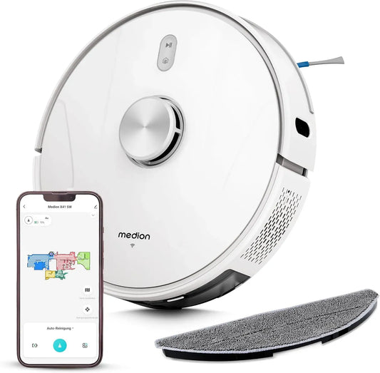 Robot aspirapolvere, MEDION X41 2in1, potente aspirazione da 8000Pa, navigazione laser e funzione di pulizia SW+, mappatura precisa